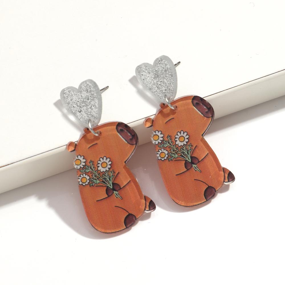 Cute Flower Capybara Acrylic Earrings for Women Girls Funny Cartoon Daisy Groundhog Animal Drop Earring Creative Jewelry Gifts