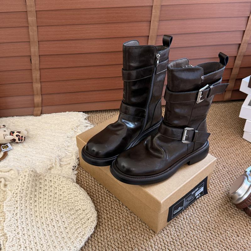 Dicksohlige Maillard Retro Mittelstiefel Damen Gürtelschnalle Kurzstiefel 2025 neue Herbst beliebte Martin Stiefel dünne Stiefel