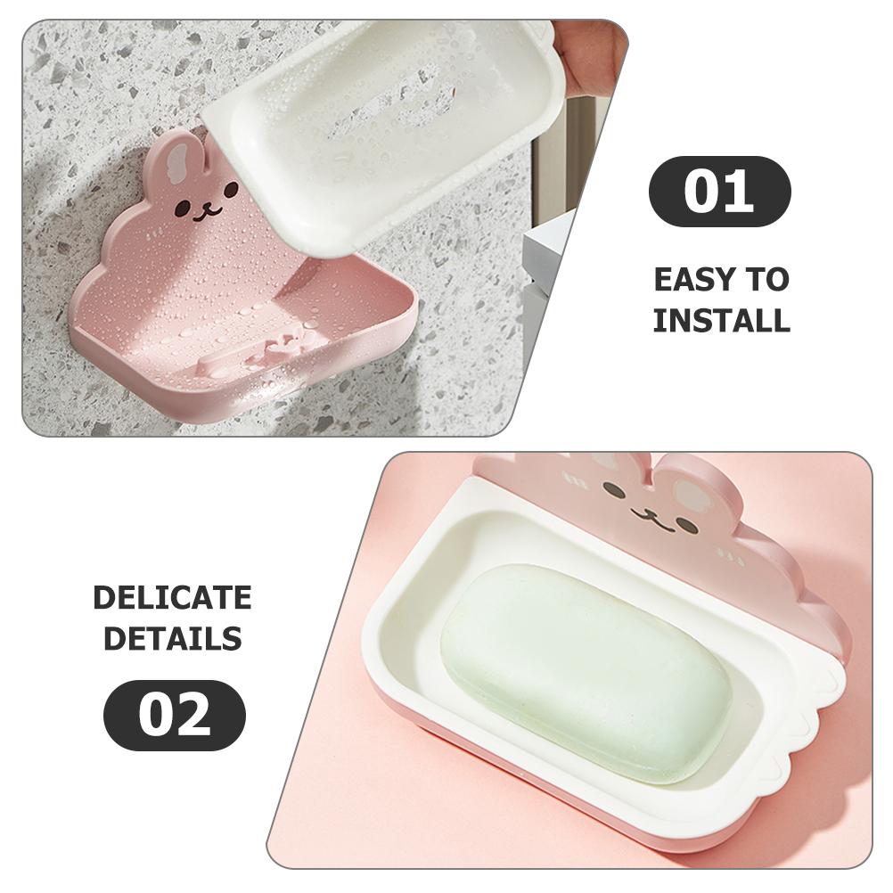 2 Pcs Cartoon Rabbit Soap Dish Draining Holder Pink White Wall Mount Bathroom Kitchen Non slip Smooth Edge Storage Tray