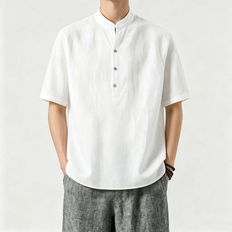 

Mens Chinese Style Cotton Linen Stand Collar Short Sleeve Shirt M белый