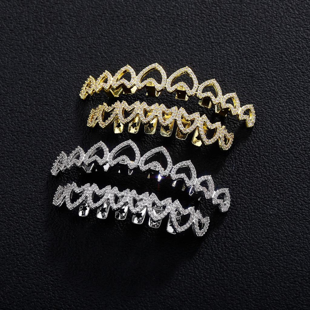 Newest HIPHOP Heart Hollow Micro-paved Zircon Gold Teeth Grillz Fine for Men or Women Halloween Decoration