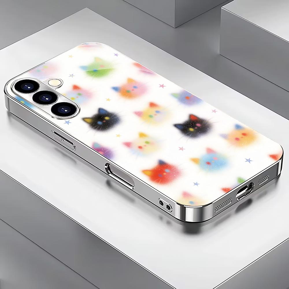 Water droplet cat silver plated glass phone case suitable for Samsung Galaxy S26 S25 S24 S22 S21 S20 FE/Ultra/Plus anti fall