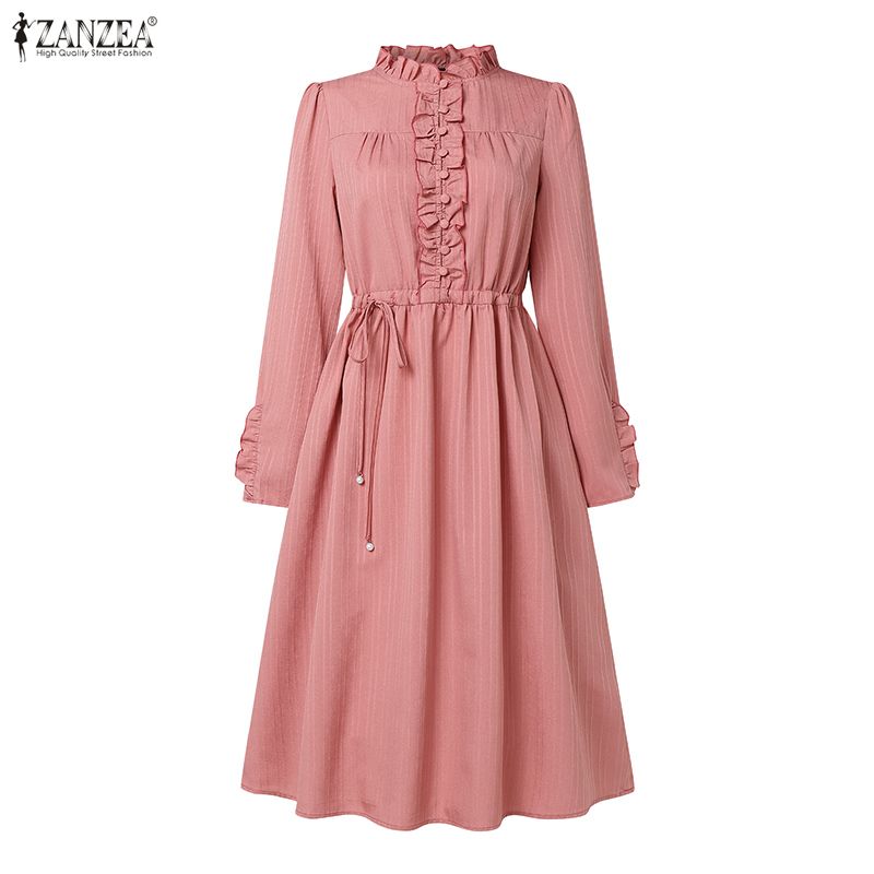 ZANZEA Lässiges, einfarbiges, langärmeliges Kleid mit Rundhalsausschnitt für Damen