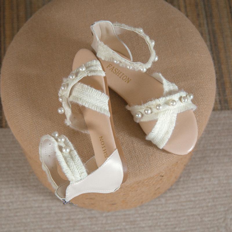 Pearl Flat Sandals for Women 2024 New Back Zipper Cross Casual Outwear Fish Mouth Sandals