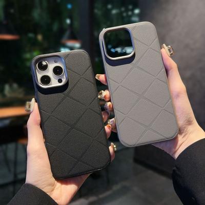Suitable for Apple 16 Starlight PU Leather Checkered Phone Case, Iphone15 Metal Lens Ring, 14promax Protective Case