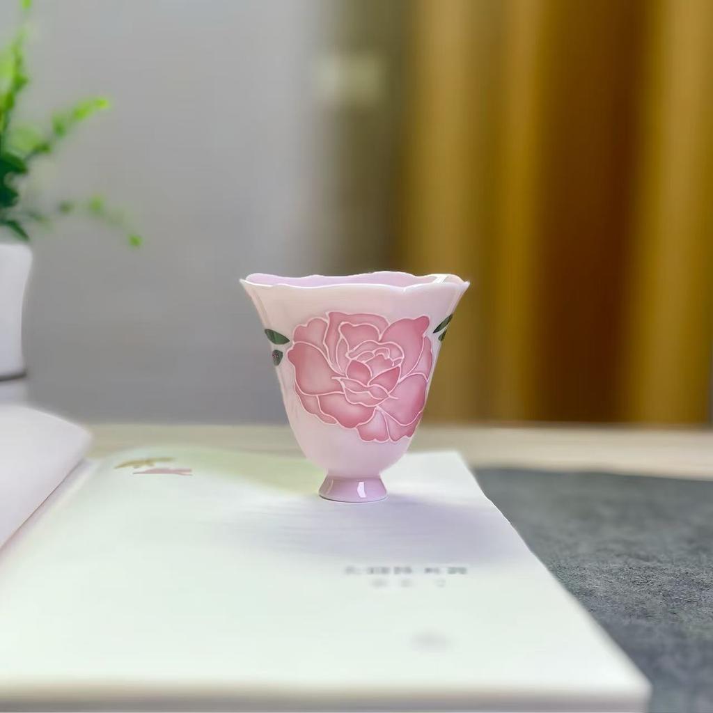 Pink Hand-Painted Lotus Ceramic Tea Cup - Flared Rim Zen Tea Bowl for Kung Fu Ceremony, Floral Design High-Stem Sipping Cup