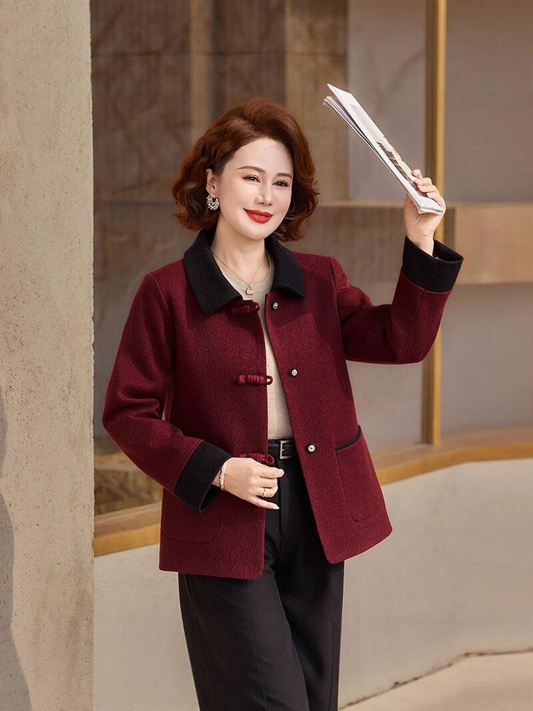 Elegant Woolen Lapel Jacket for Middle-Aged Mothers - Spring/Autumn Fashion Top