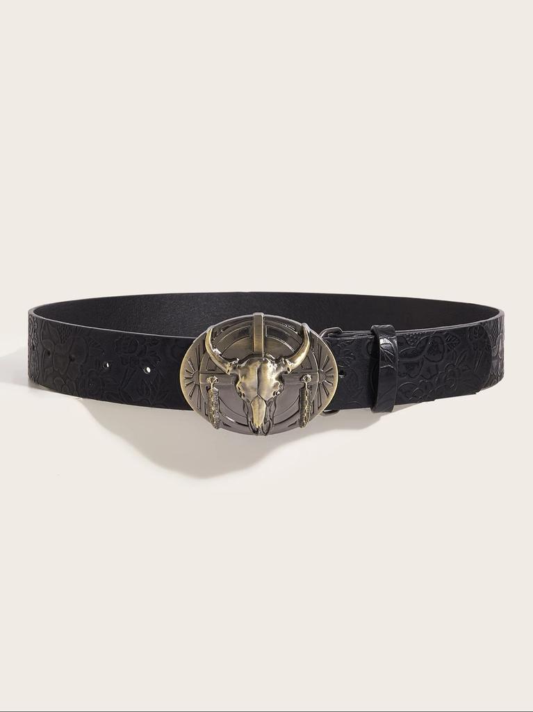 A western style cow head buckle peony pattern PU leather belt fashionable and casual