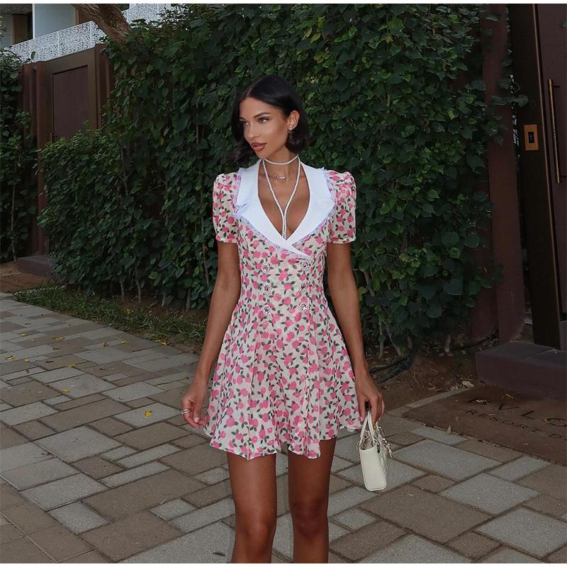 Damska sukienka z nadrukowanym kołnierzykiem i bufiastymi rękawami z nadrukowaną dekoracją na lato Nowa odzież Dopasowana Temperament Damska sukienka mini z podkreśleniem talii