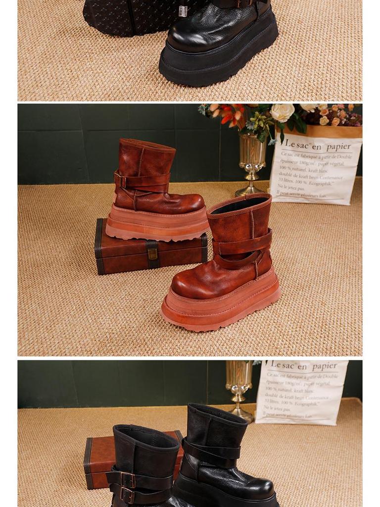 Women's 2025 Height-Increasing Martin Boots - Washed Cowhide Platform Ankle Boots with Buckle and Thick Sole