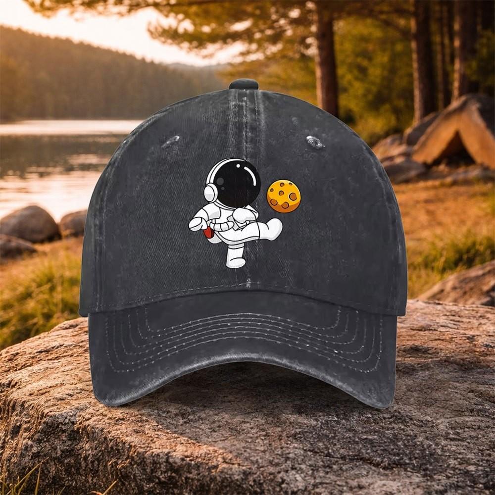 Astronaut Kicking Moon Print Washed Baseball Cap Adjustable Cotton Casual Outdoor Sports Hat