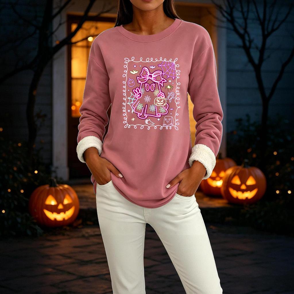 Women's -Lined Long Sleeve Round Neck Halloween Printed Casual Top for Winter