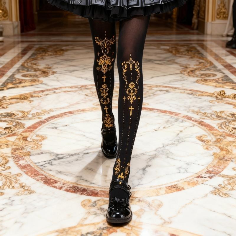 Women's Japanese Gothic Grunge Pantyhose Stockings Harajuku Aesthetic Crosses Print Opaque Tights Leggings Hosiery