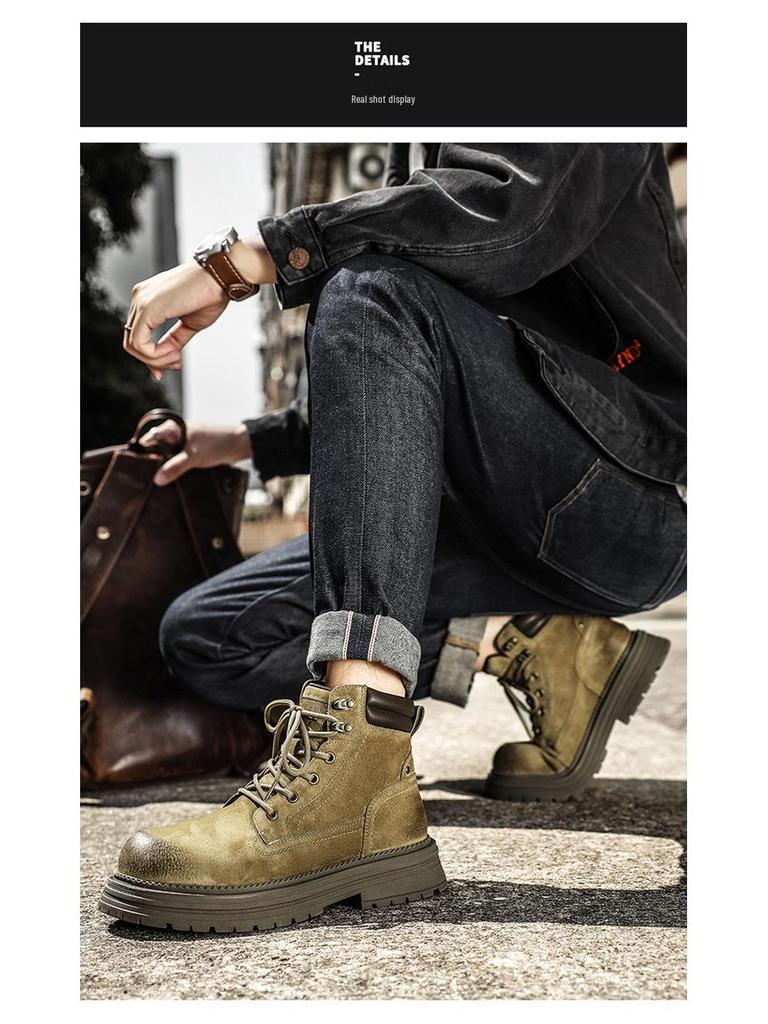 2025 Men's Genuine Leather Martin Boots: Retro British Yellow, Thick-Soled, Trendy, Short Hiking and Outdoor Mountaineering Footwear