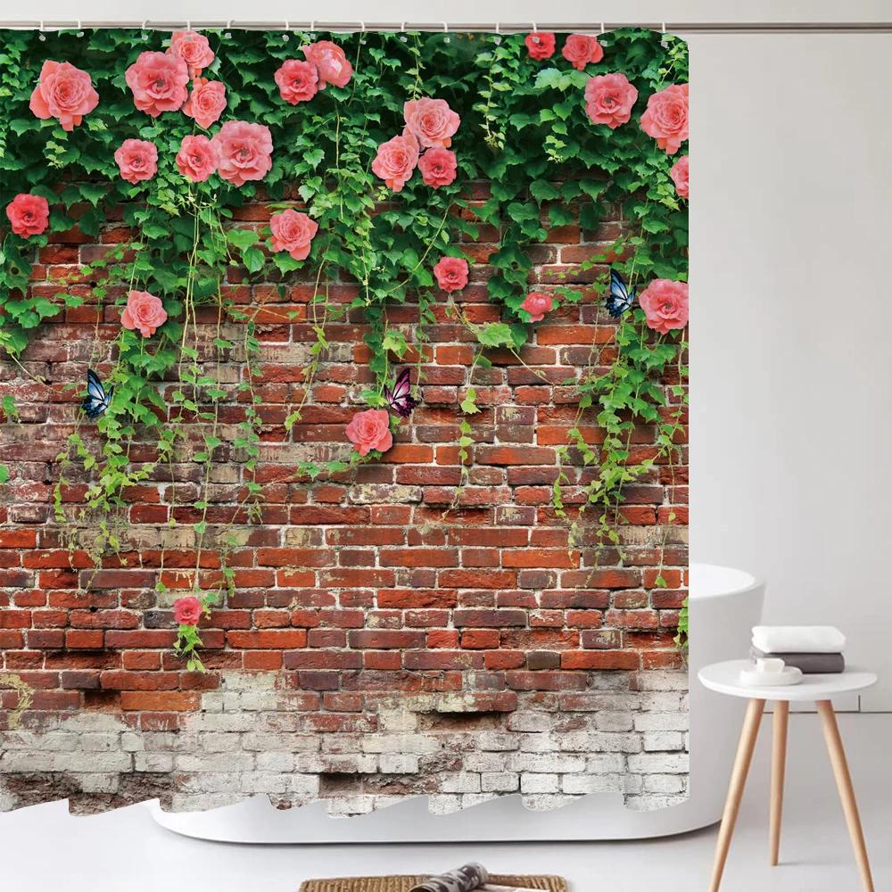 3D Wodoodporna Tkanina Poliestrowa Zasłona Prysznicowa Patio Ściana Kwiatowa Krajobraz Zasłony Łazienkowe z Haczykami Dekor Wanny Ekran