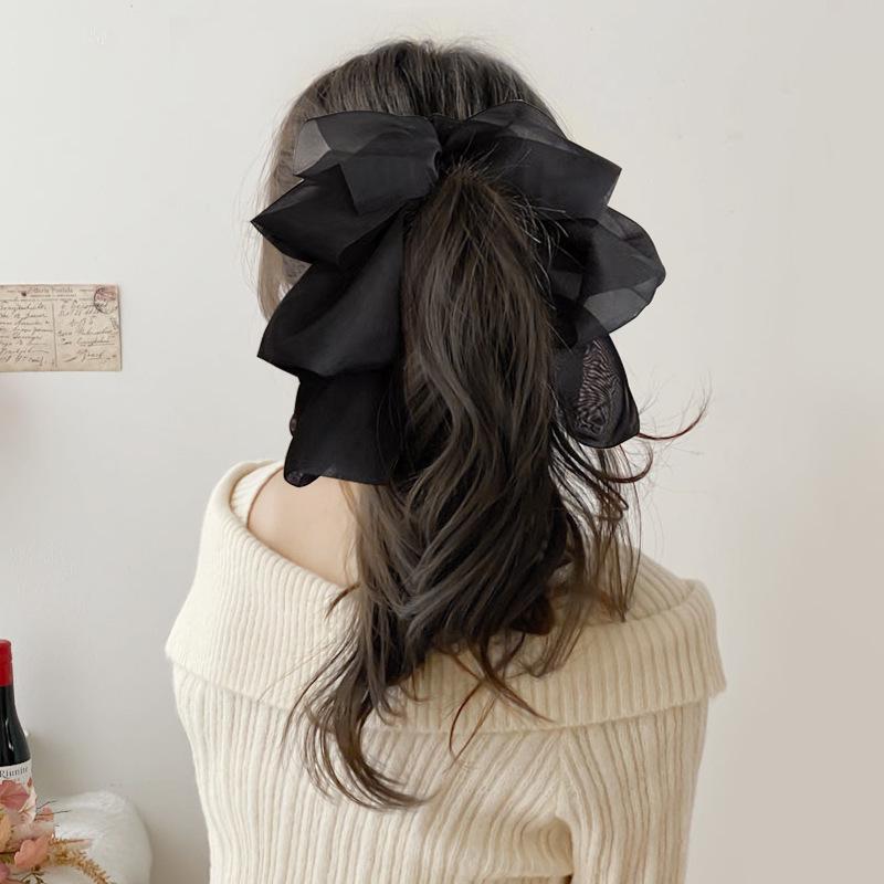 French Multi-layer Bow Banana Clip for Women: Vertical Ponytail Hair Accessory