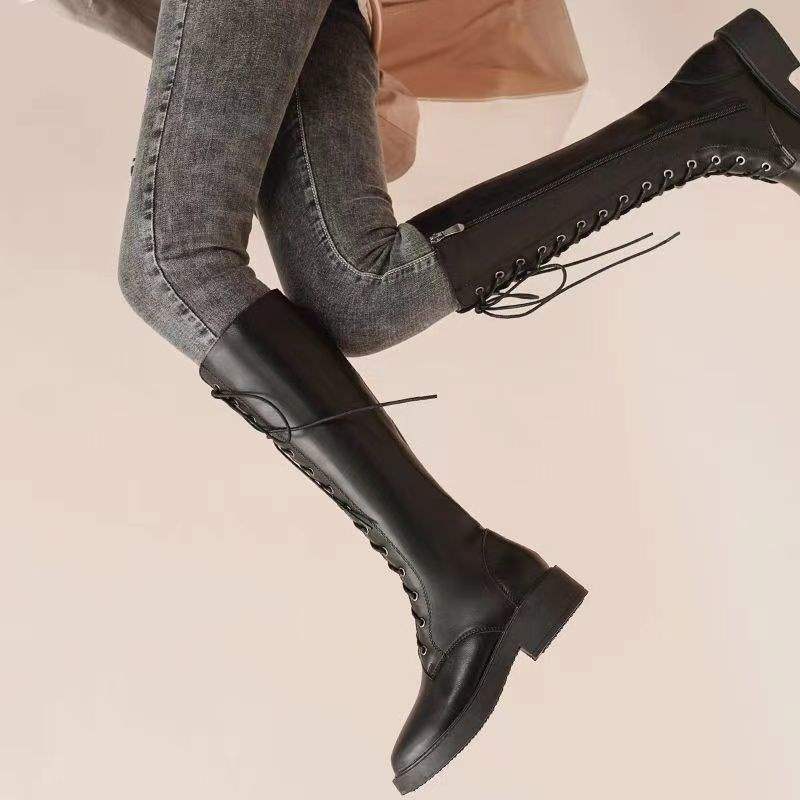 Autumn and Winter Thick Heel Boots Women's Winter 2025 New Lace-up Martin Boots Long Boots Velvet Thick-soled High Leather Boots