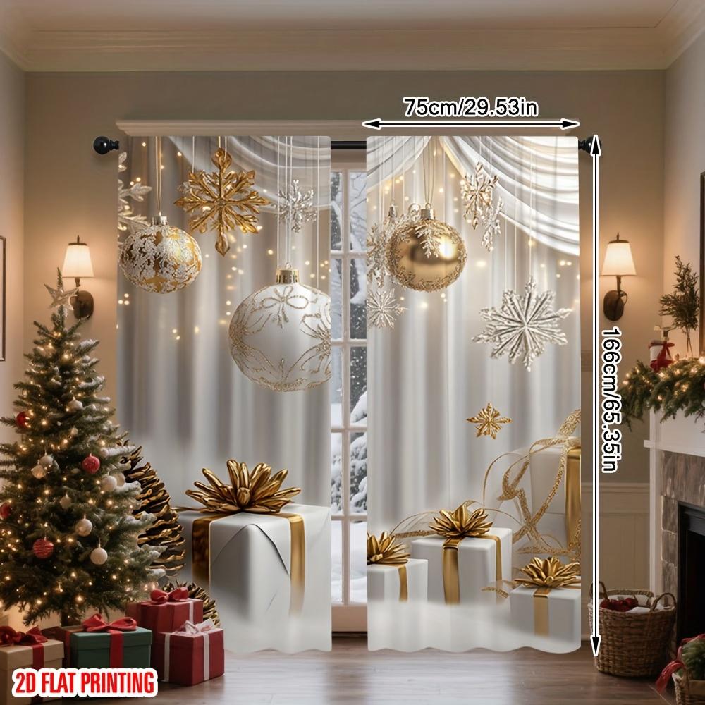 2pcs Elegant Gold Glitter Snowflake Print Sheer Polyester Curtains – for Living Room   Bedroom   Office   Kitchen & Christmas Decor
