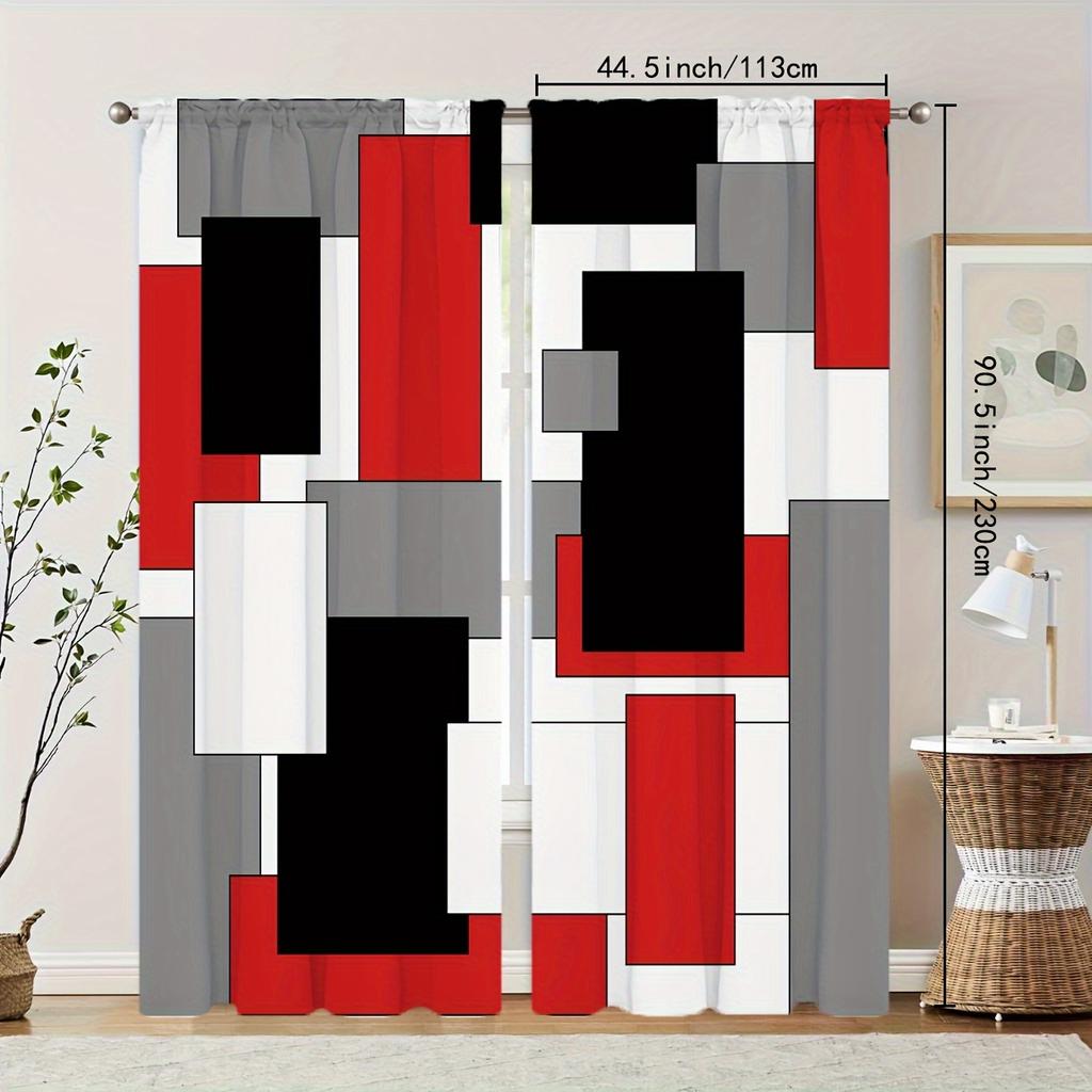 2pcs Geometric Pattern Curtains, Rod Pocket Decorative Window Drapes, Window Treatments For Bedroom Living Room Study, Home Deco