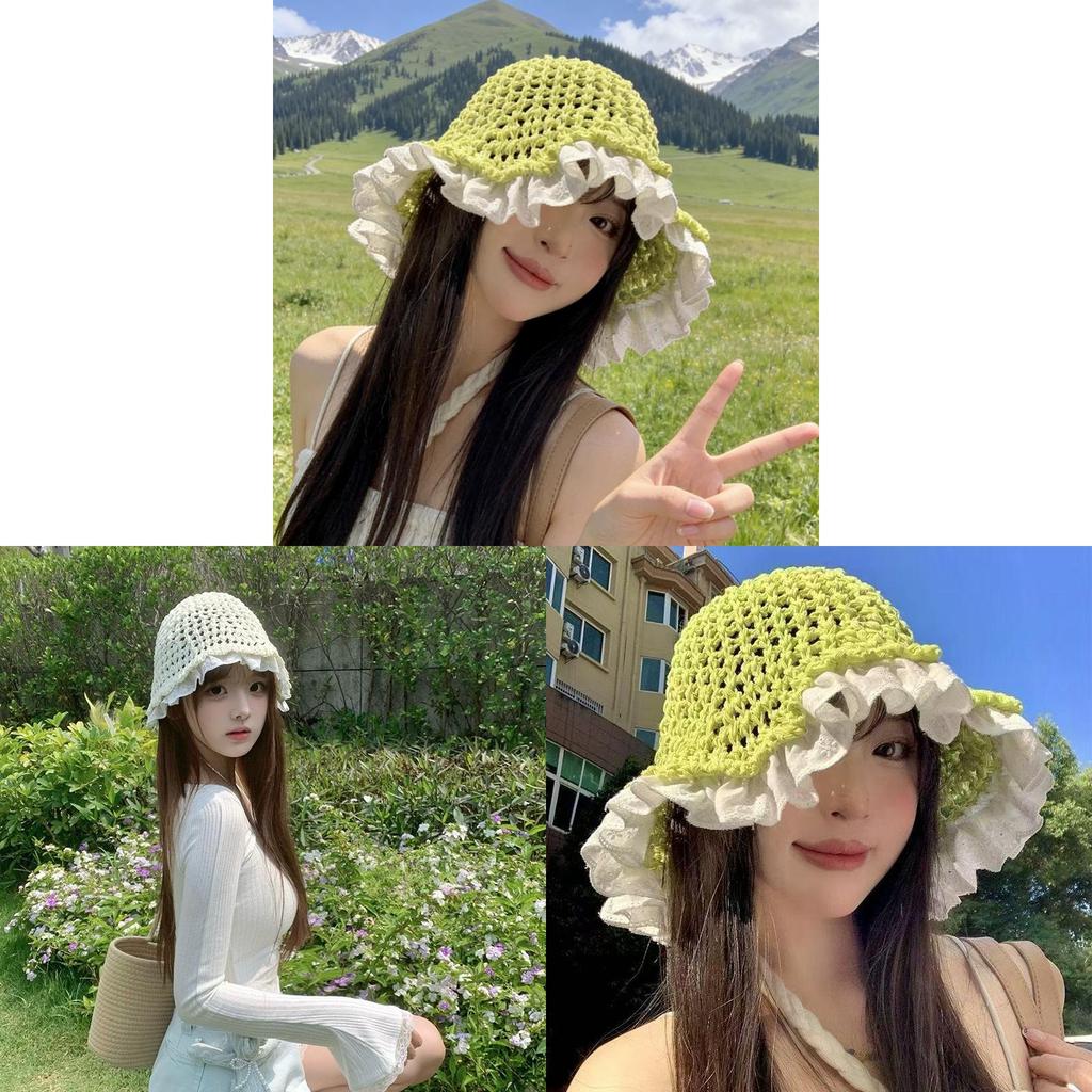 Feminine Lace Trim Mesh Sun Hat With Wide Brim For Summer Outdoor Activities