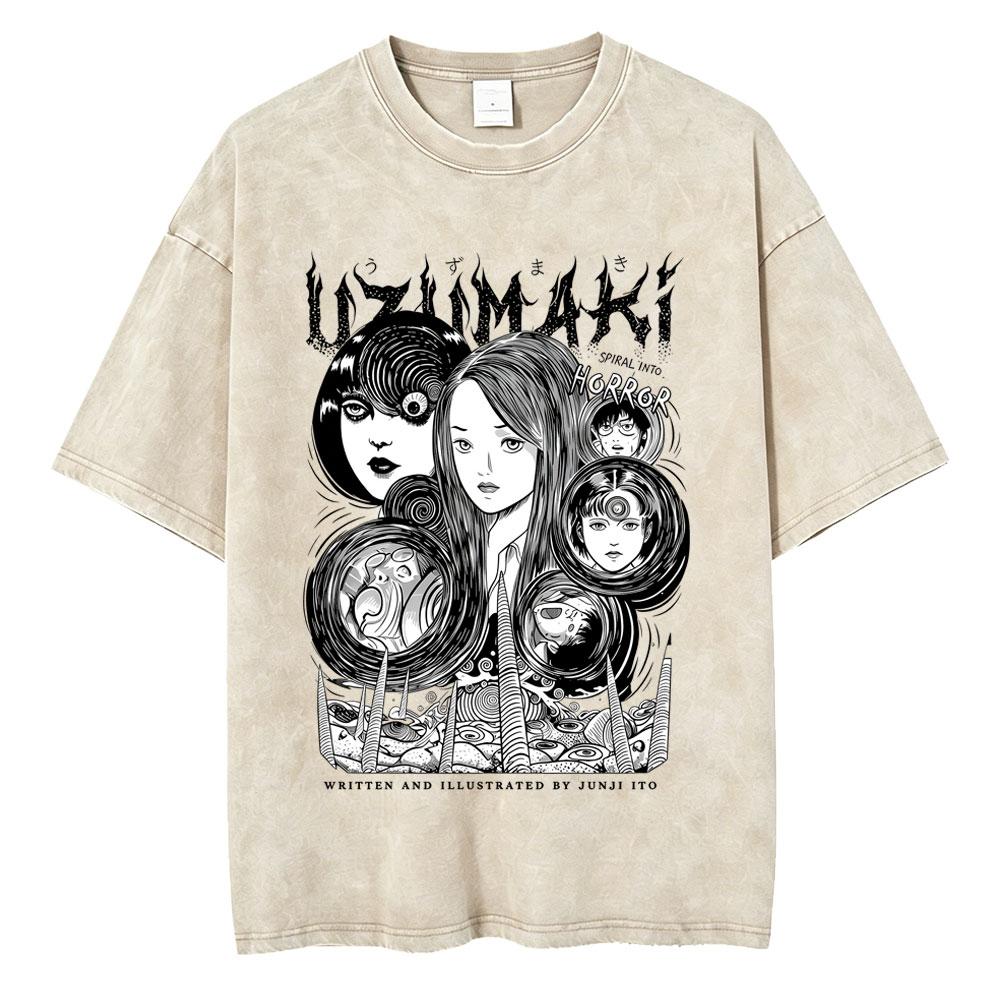 Unisex Washed Vintage Horror Anime Junji Ito Uzumaki Graphic T-shirt Men Women Manga Retro Oversized T Shirt Y2k Casual Cotton T-shirts