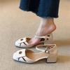 French White Camellia Hollow Bag Head Sandals Women's Summer Square Head Commuting Thick Heel One-word Buckle Shoes