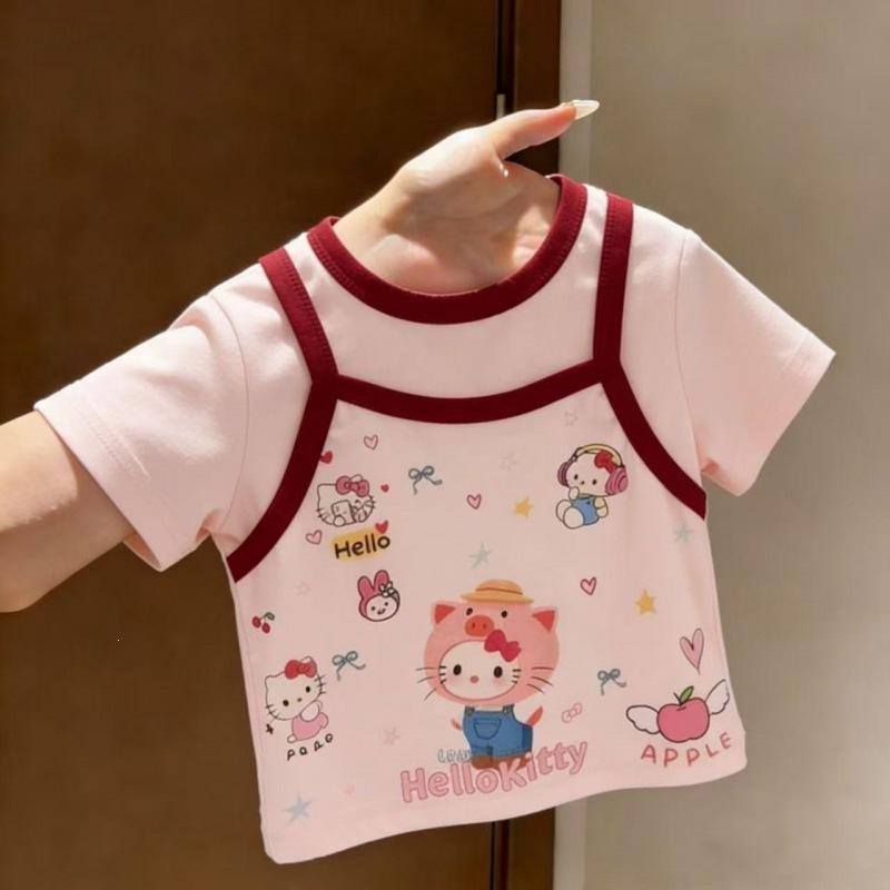 Girls Summer Cartoon Fake Two Piece Short Sleeve T Shirt Cute Print Stylish Versatile Top 90 розовый