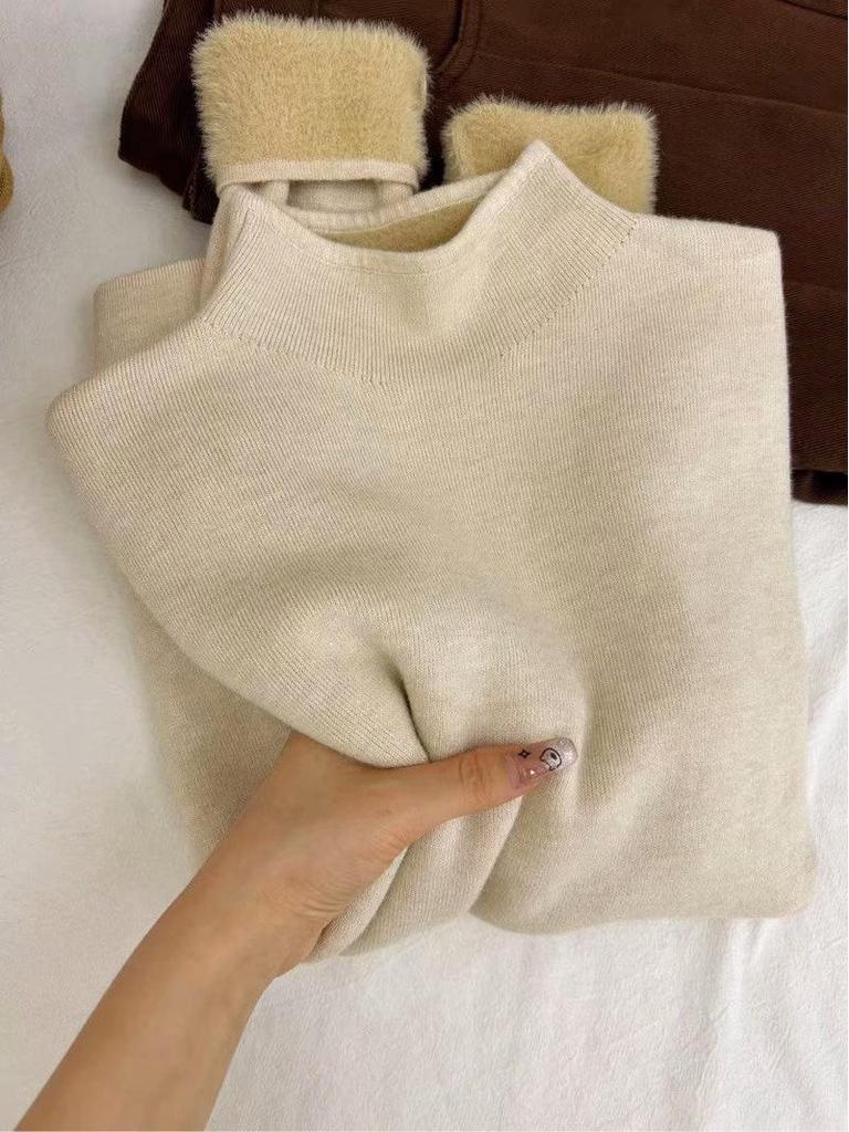 Roční výběr: Krémový pletený top s polovičním vysokým límcem a dlouhým rukávem - Všestranný dámský svršek pro podzim/zimu