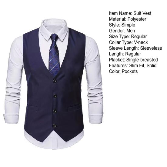 Men Suit Vest V-Neck Sleeveless Single-Breasted Suit Coat with Pockets Solid Color Slim Fit Formal Style