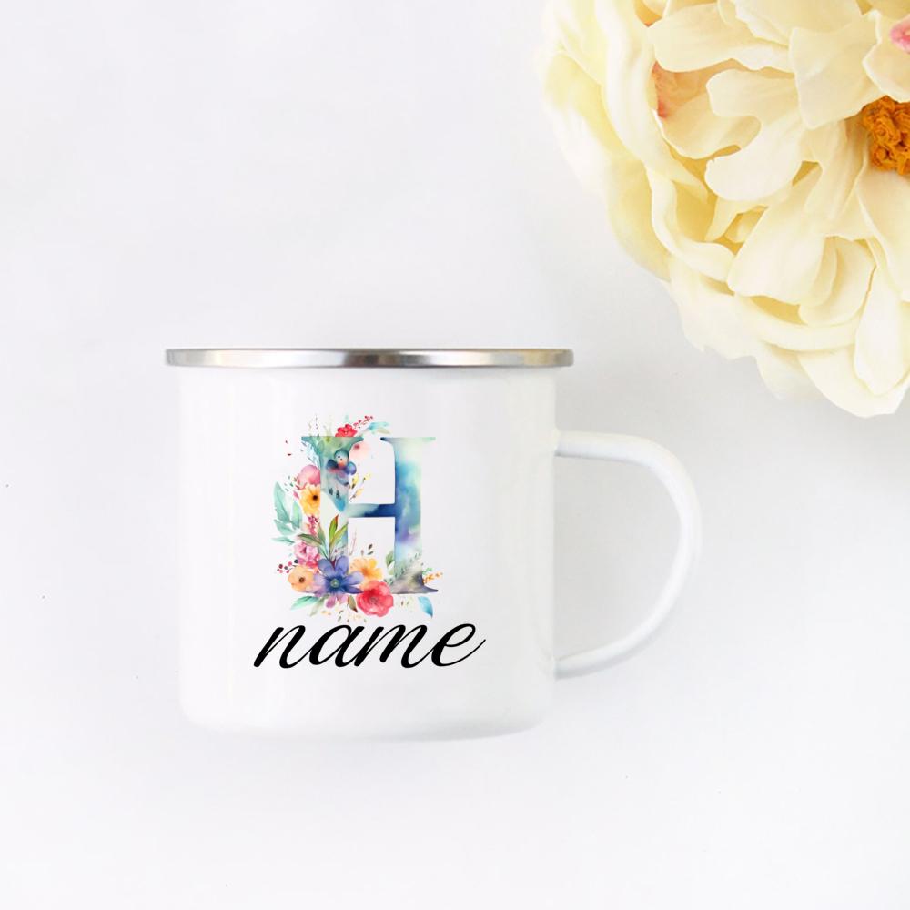 Personalisierte Blumige Initialen Namensbecher Benutzerdefinierter Name Tee Kaffee Heiße Schokolade Tasse Braut Brautjungfer Muttertag Geschenk für Sie