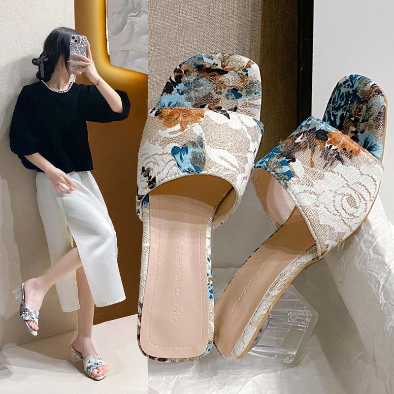 Fish Mouth High-heeled Slippers 2025 Summer New Thick-soled Cool Slippers Women's One-word Drag Large-size Women's Shoes