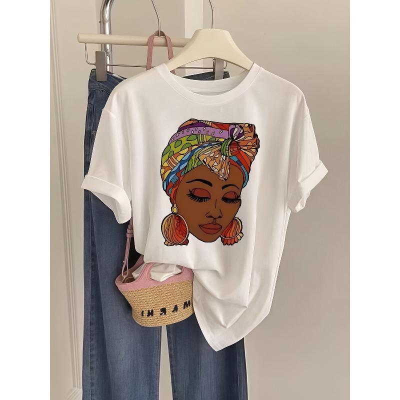 Women New African Culture Print T-Shirt Headscarf Earrings Summer Party Casual Gift Top
