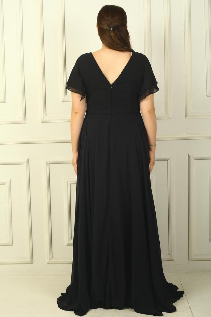 Langes Chiffonkleid für Damen mit V-Ausschnitt vorne und hinten, drapiert, mit Perlen bestickt, gefüttert, Übergröße