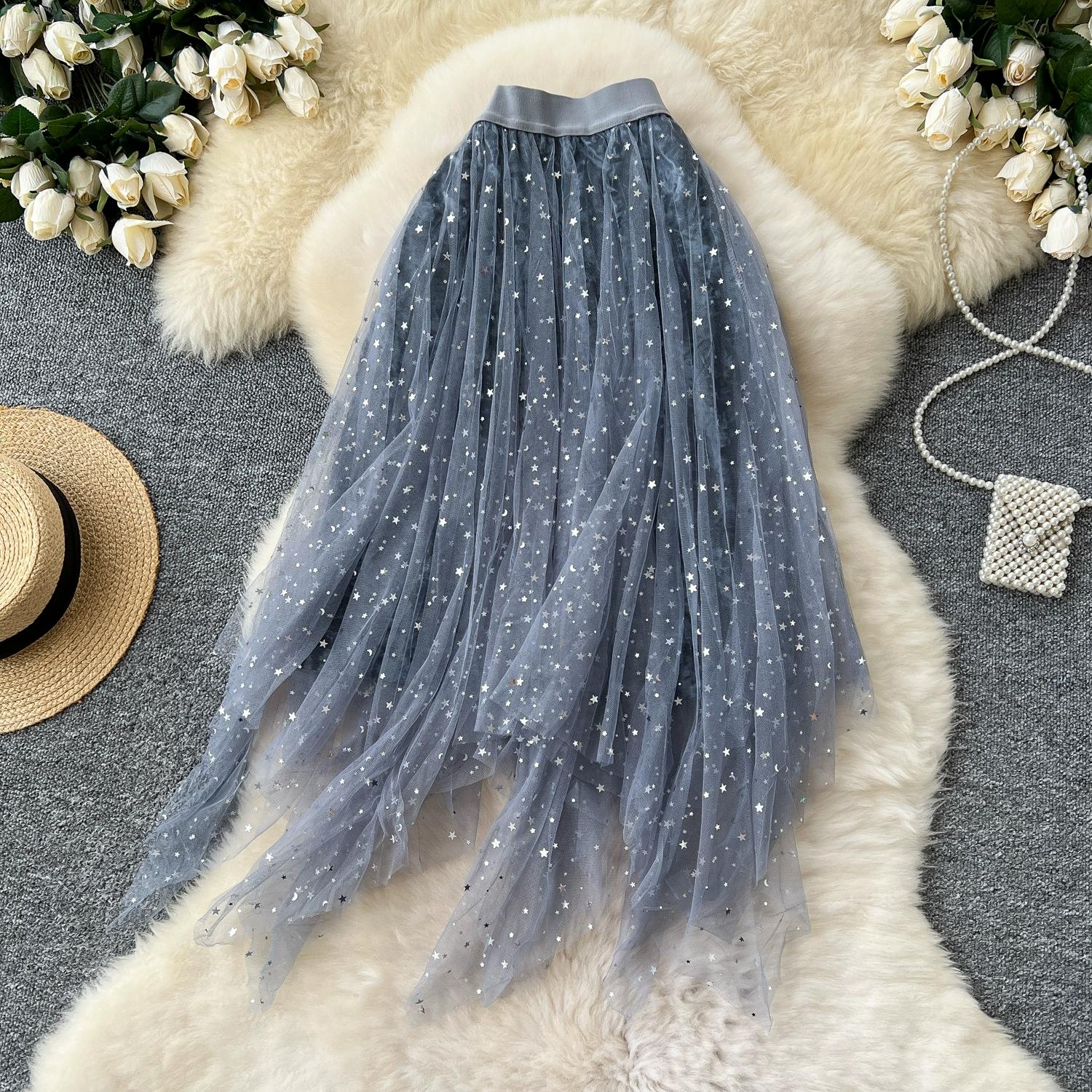 

Летняя женская универсальная юбка с высокой талией и звездами, длинная миди, нестандартная юбка One Size серый