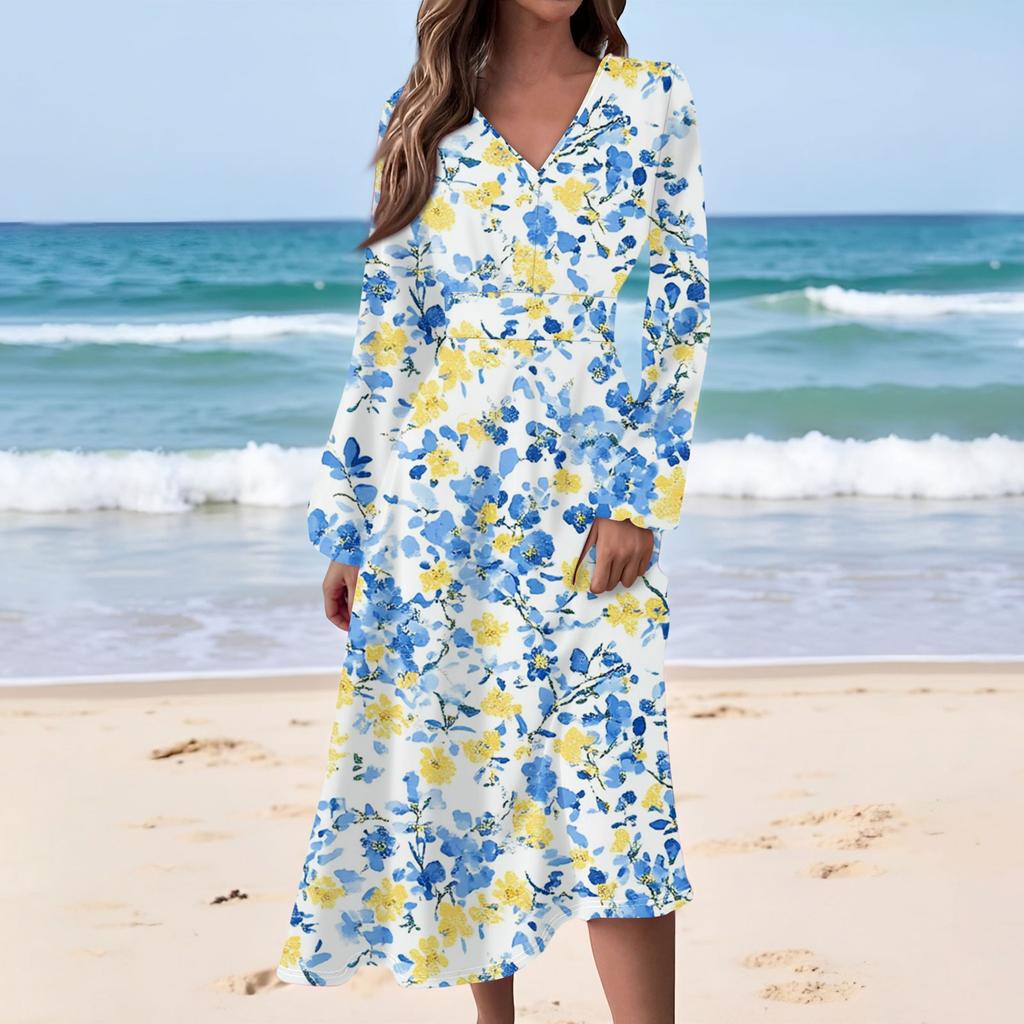 Women's Casual Fashion Floral Print V-neck Long Sleeve Waist Long Dress