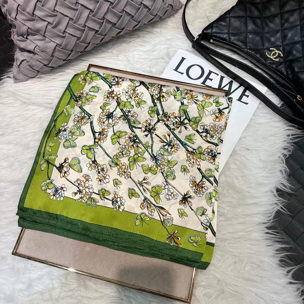 Beige Green Women 100% Silk Scarf Headscarf Fashion Floral Design Square Scarves For Hair 65*65Cm Fashion Neck Scarf Hijab