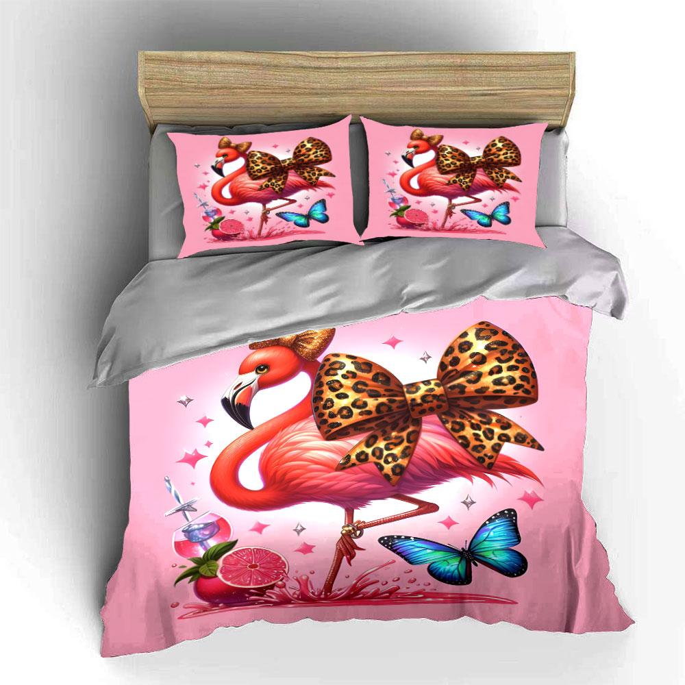 Flamingo Leopard Bow Decor Set Multiple Sizes Kid'S And Adults' Bedroom Exquisite 3Pc Bedding Set, Gift