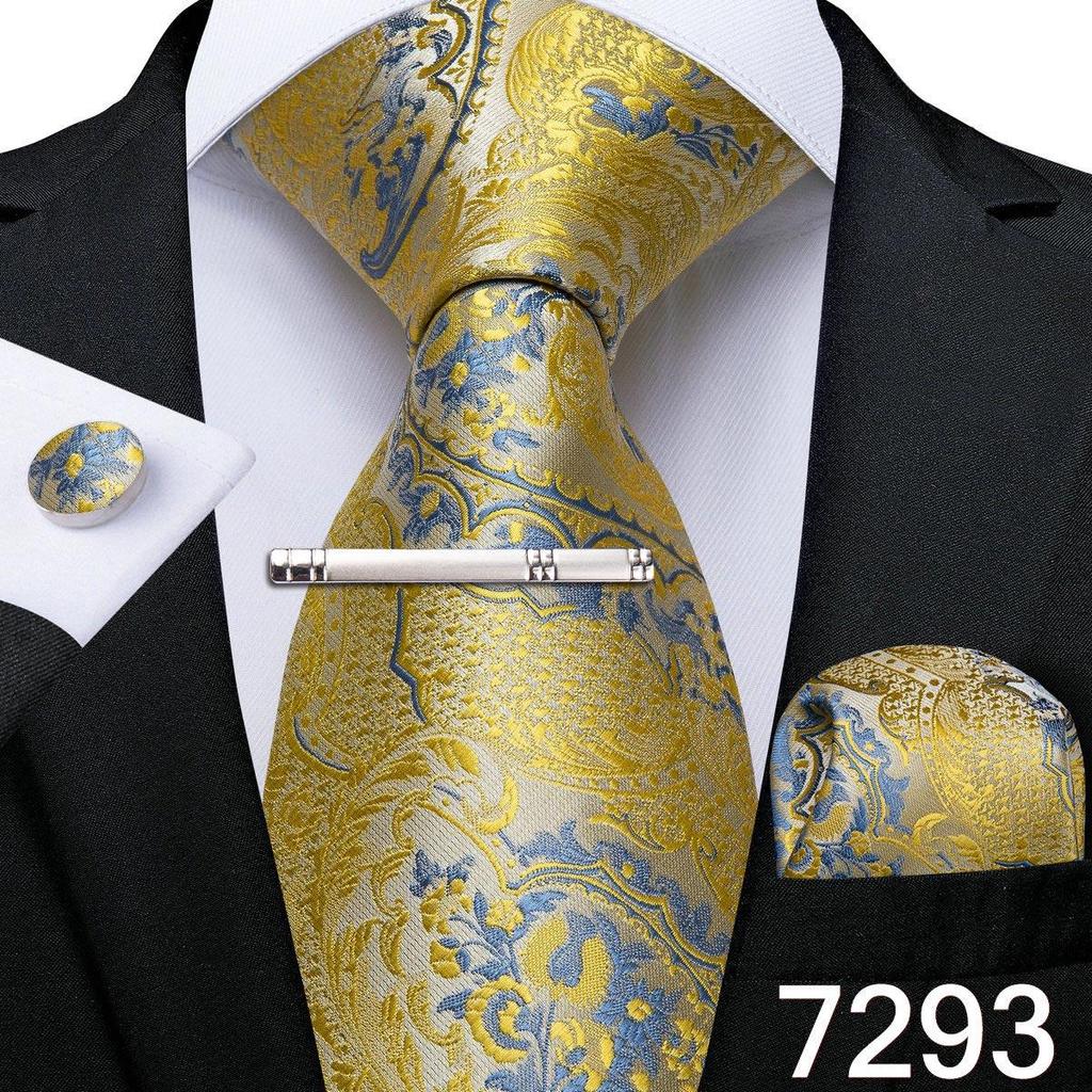 Novelty Feather Tie Gold Navy Silk Necktie Hanky Cufflinks Tie Clip Set for Men Business Party