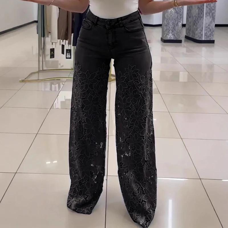 Casual Crochet Spliced High Waist Trousers Ladies Sexy Lace Hollowed Out Jeans Summer Retro Solid Color Wide Leg Pant