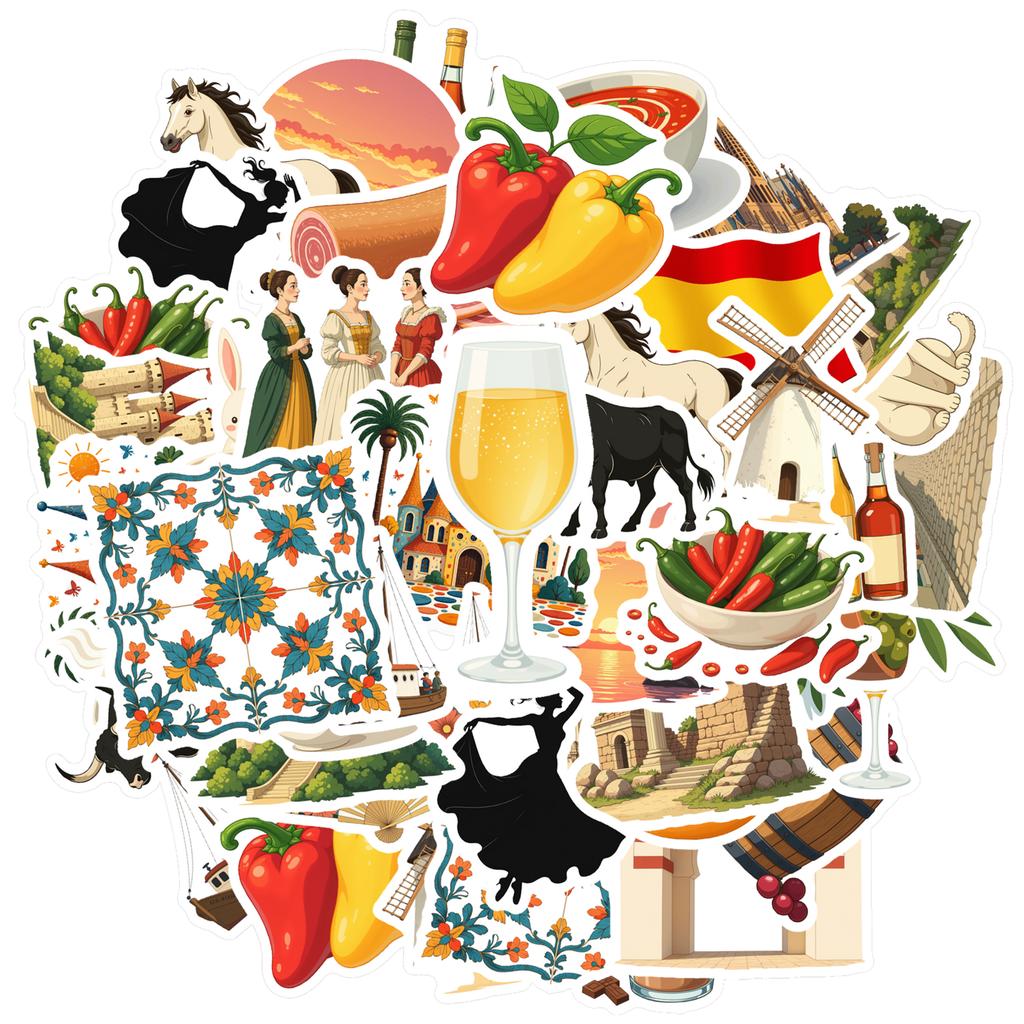 35pcs-100pcs Cultural Spain Stickers Vibrant Culture Travel Stickers Food Stickers For Notebook Luggage Mobile Phone Cup