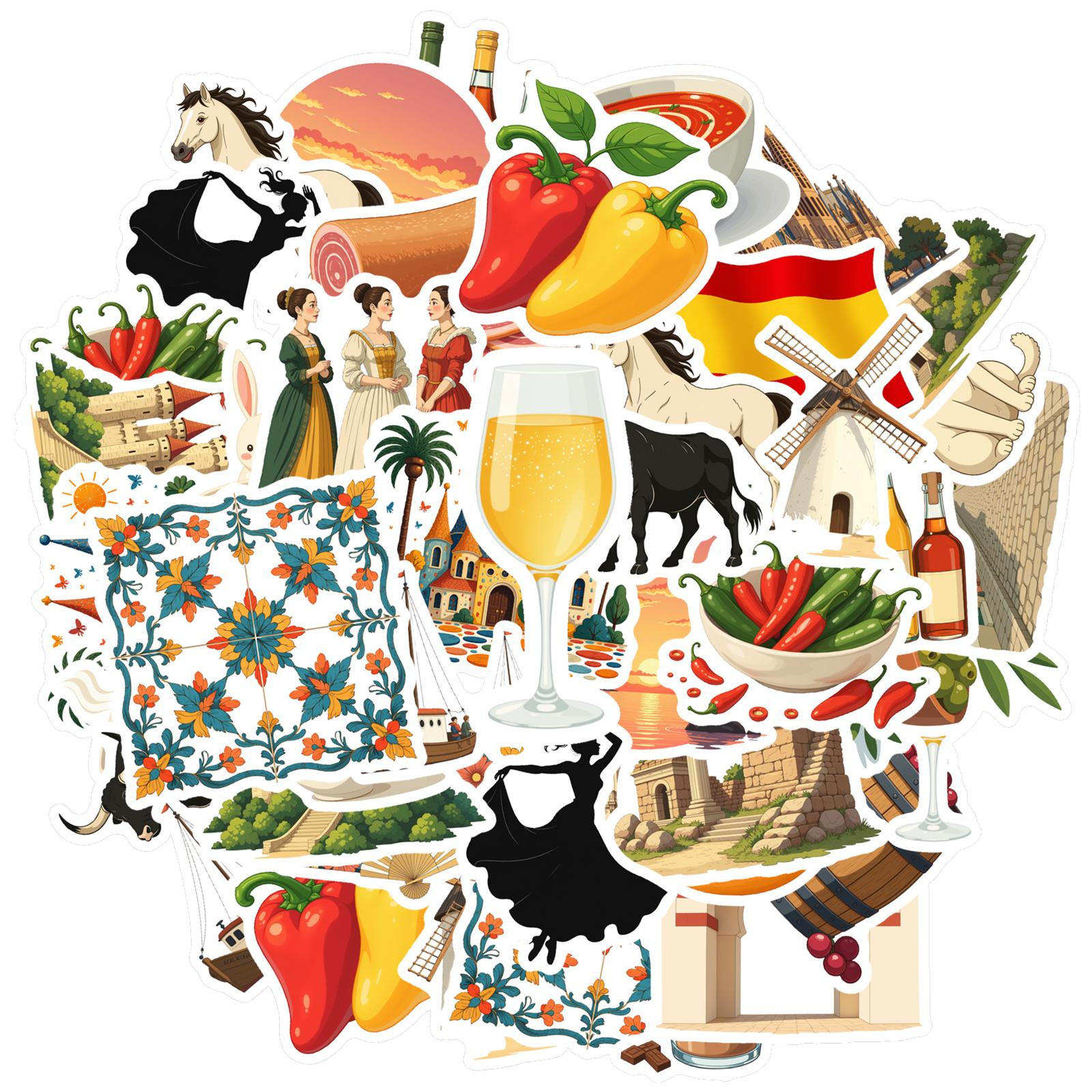 35pcs-100pcs Cultural Spain Stickers Vibrant Culture Travel Stickers Food Stickers For Notebook Luggage Mobile Phone Cup