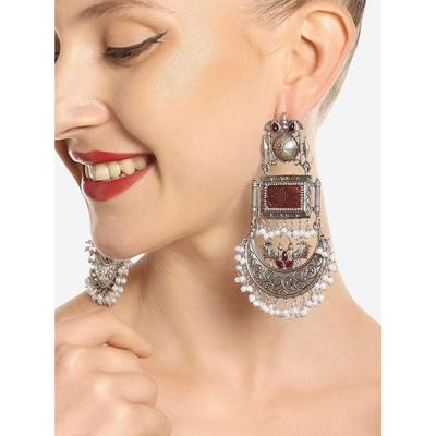 Maroon Silver Oxidised Stones & Beads Traditional Dangle Earring For Women