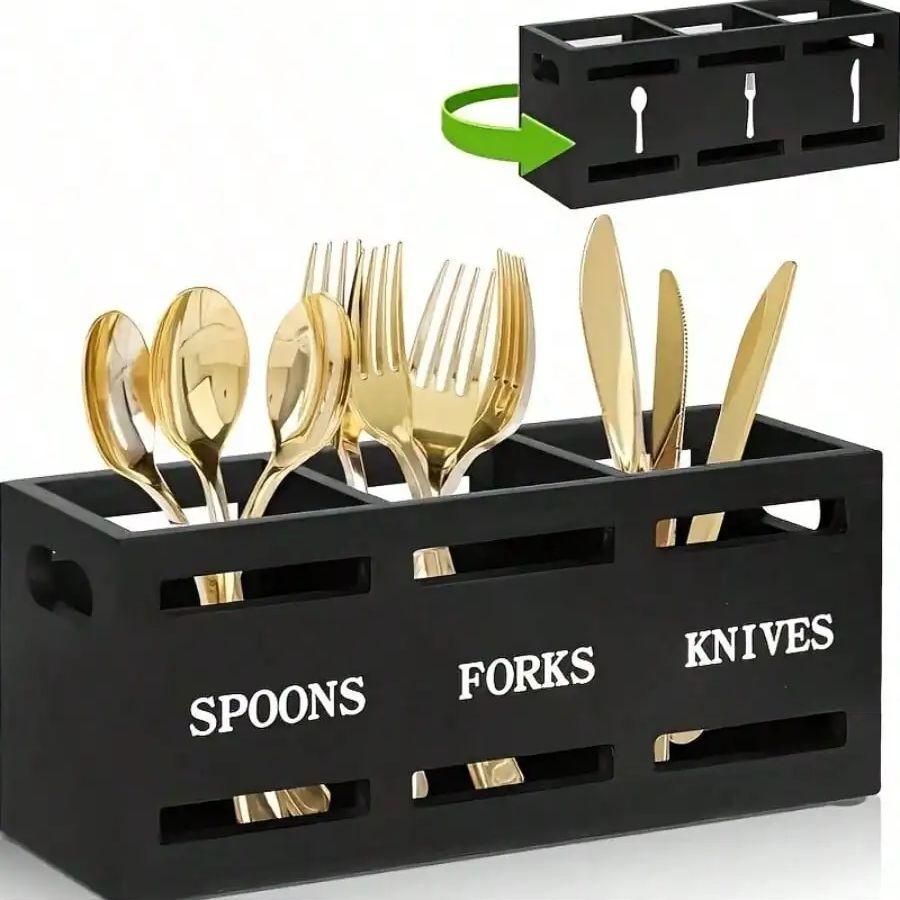 Wood Utensil Caddy With 3 Compartments, Large Capacity Silverware Holder, Multipurpose Utensil Holder, Flatware Caddy