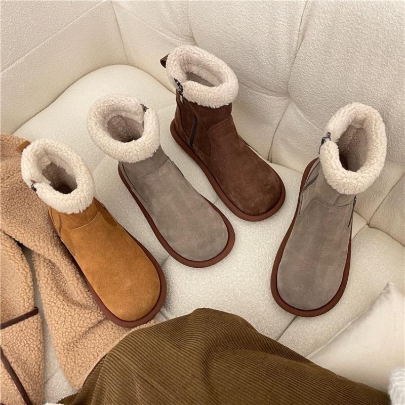 Snow Boots Women's Winter New Retro Velvet Warm Cotton Shoes Flat Bottom Ugly Cute Fluffy Cotton Short Boots