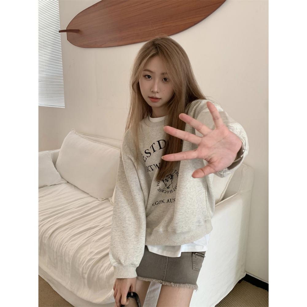 American Loose White Gray Printed Round Neck New Hoodie for Women with Thick Velvet Top