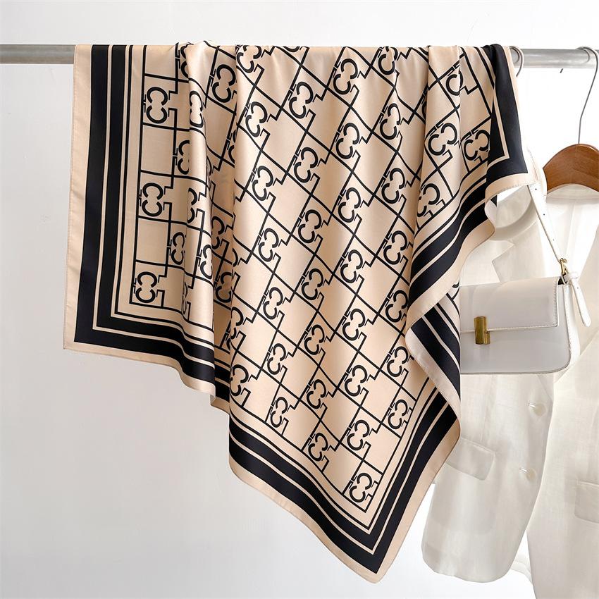 Xiaoxiangfeng Double C Letter Printed Silk Scarf 91cm Twill Silk Scarf Simple Large Square Scarf New Sunscreen Shawl Headscarf