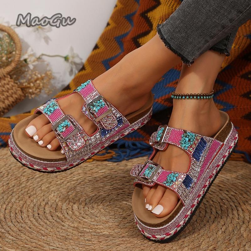 Slip On Women Summer Footwear Thick Bottom Women's Fashion Slippers Rhinestone Beads Decor Beach Slippers Sandalias De Mujer