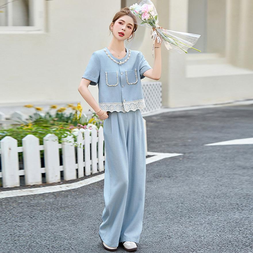 Temperamentli sotsialist Xiaoxiang fan kostyumi ayollar yozgi yangi dizayn hissi moda professional keng oyoqli shim ikki qismli to'plam