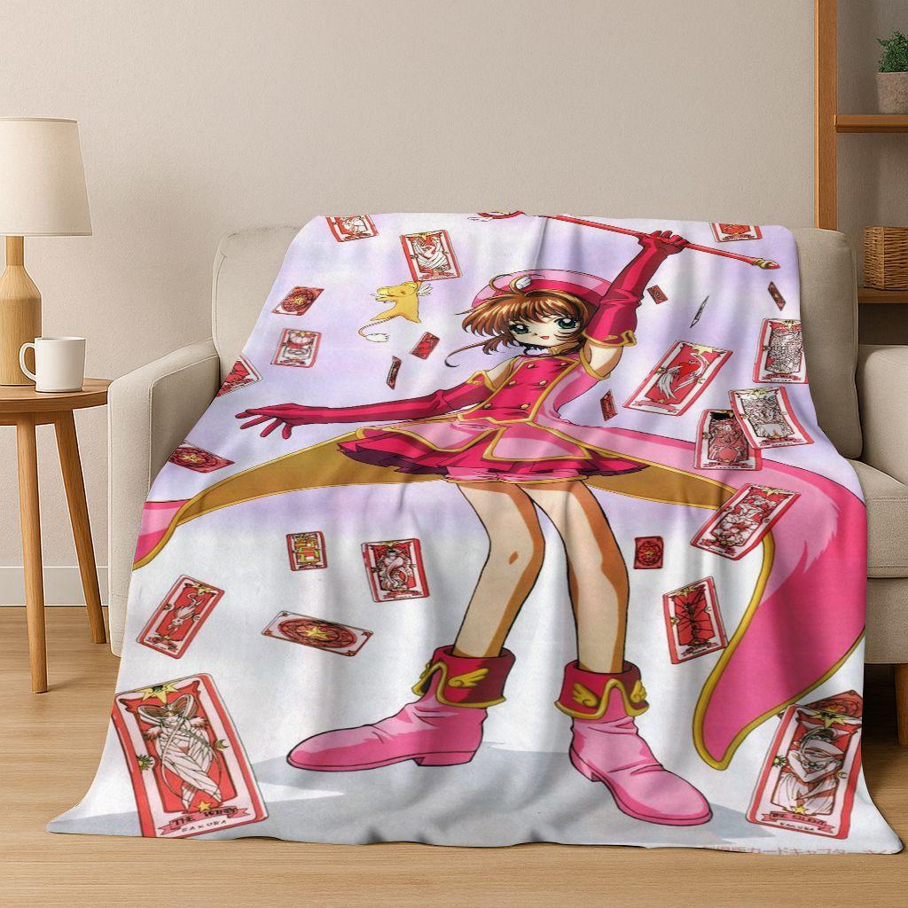 Cute Cartoon Card Captor Sakura Magic Girl Anime Art Flannel Blanket,Cozy Soft Throw Blanket for Home Bedroom Bed Sofa Cover Kid
