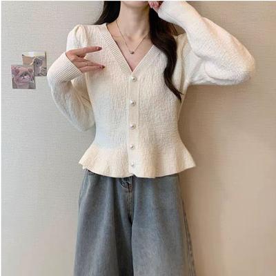 Spring Mermaid Hem Knitted Cardigan Top Women's New Korean Fashion Long Sleeved Pearl Buckle V-neck Sweater Jacket Women